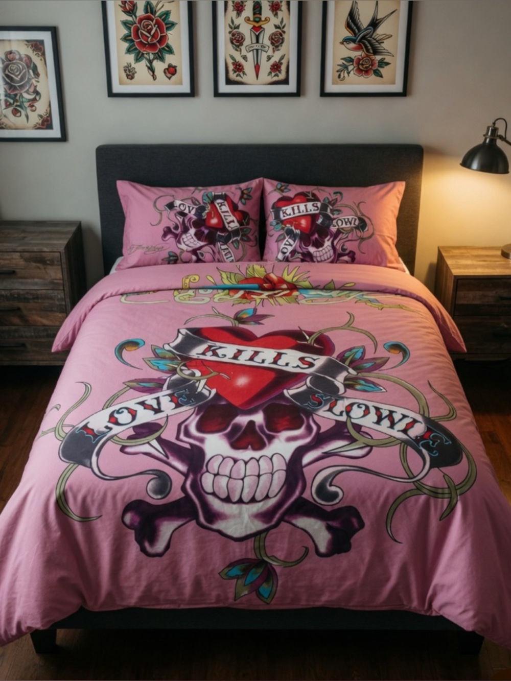 Ed Hardy Pink Skull & Heart “Love Kills Slowly” Full Size Graphic Duvet Cover